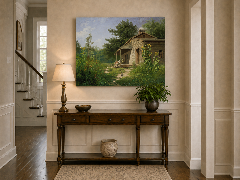 Peinture à l'huile de paysage - Porche de chalet rural en bois