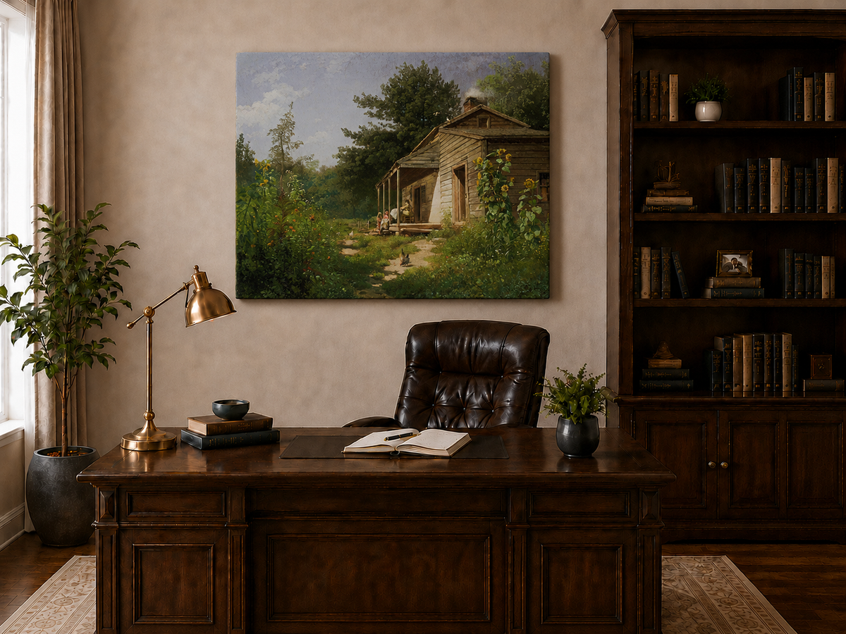 Peinture à l'huile de paysage - Porche de chalet rural en bois