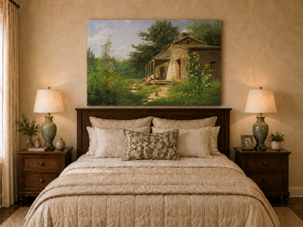 Peinture à l'huile de paysage - Porche de chalet rural en bois
