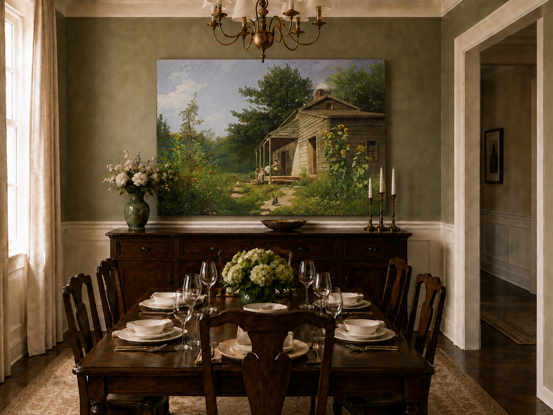 Peinture à l'huile de paysage - Porche de chalet rural en bois