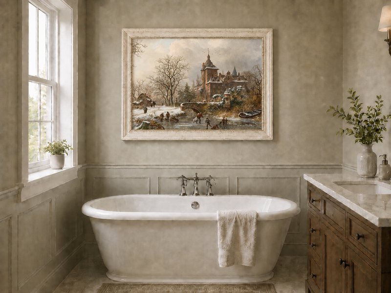 Landscape Oil Painting - Winter Castle and Ice Skaters Scene