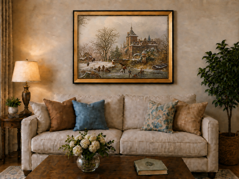 Landscape Oil Painting - Winter Castle and Ice Skaters Scene