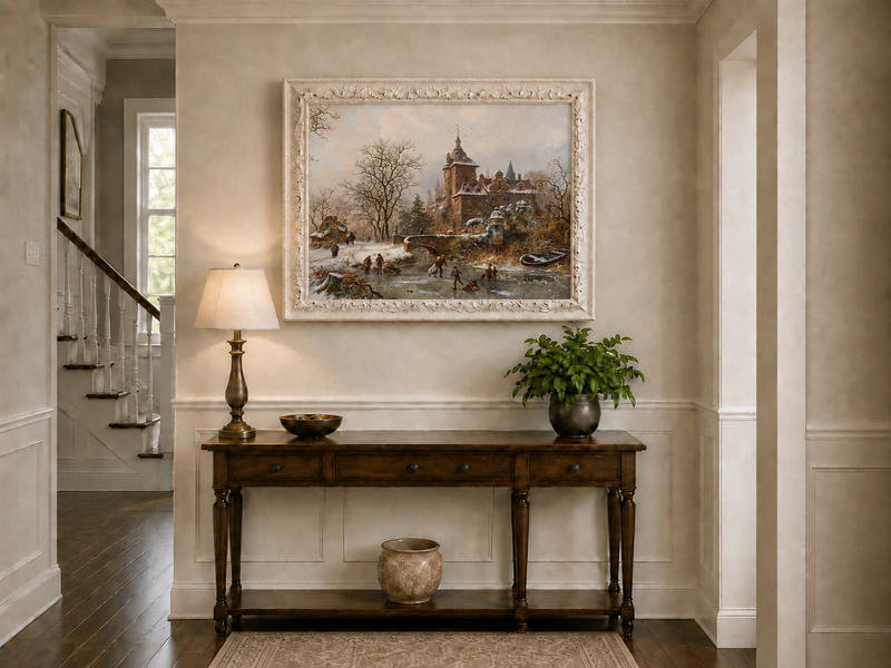 Landscape Oil Painting - Winter Castle and Ice Skaters Scene