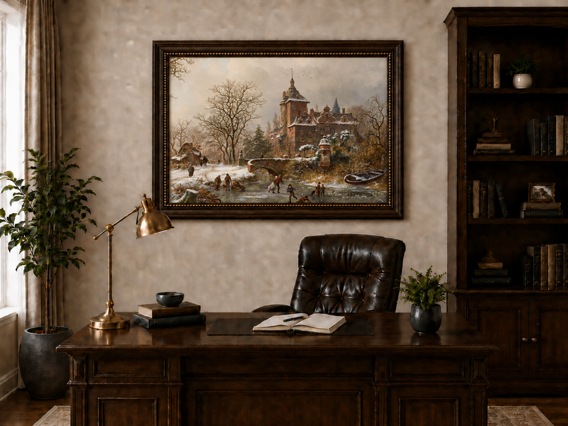 Landscape Oil Painting - Winter Castle and Ice Skaters Scene