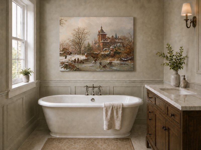 Landscape Oil Painting - Winter Castle and Ice Skaters Scene