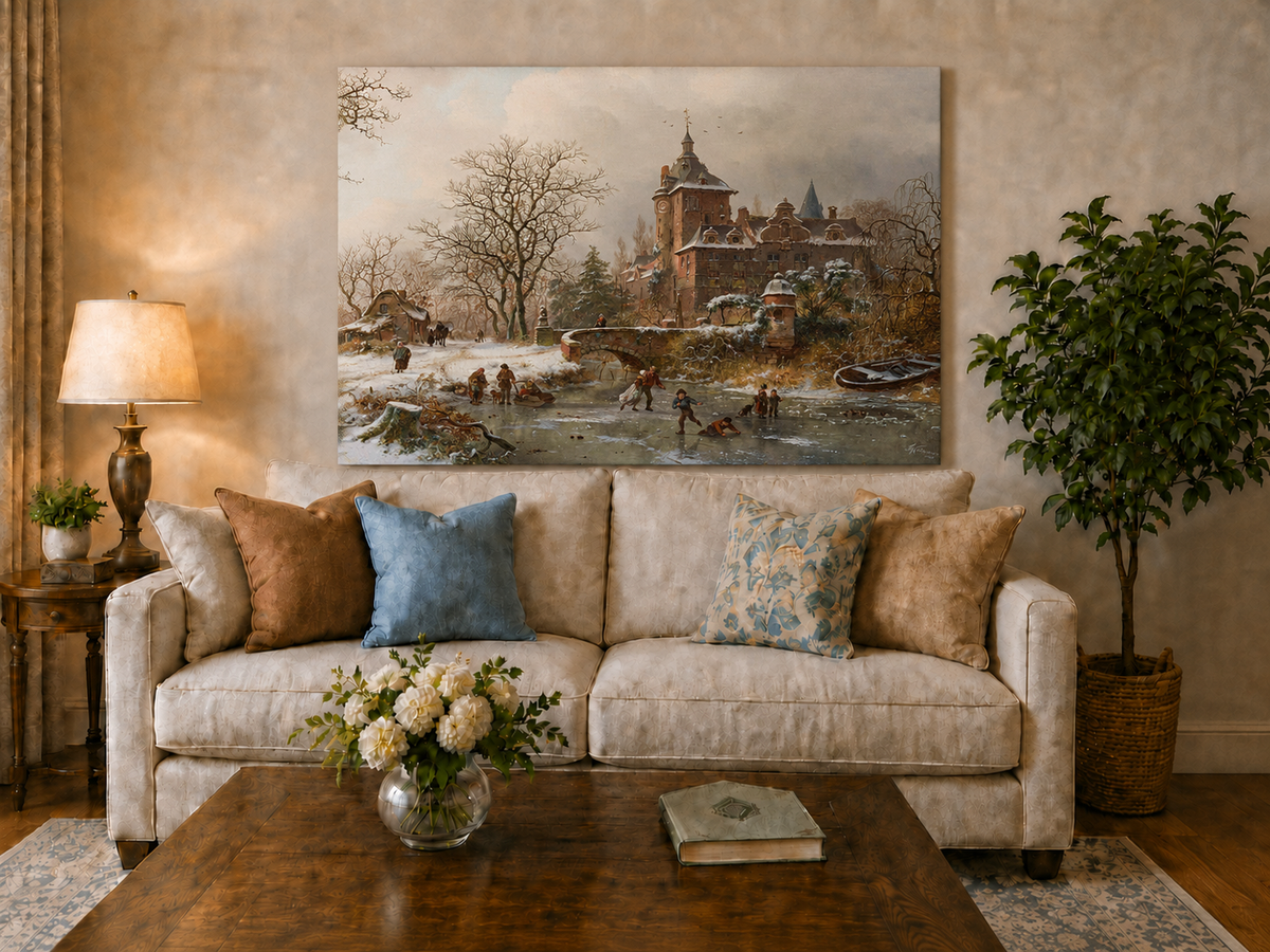 Landscape Oil Painting - Winter Castle and Ice Skaters Scene