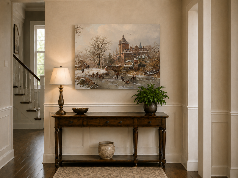 Landscape Oil Painting - Winter Castle and Ice Skaters Scene