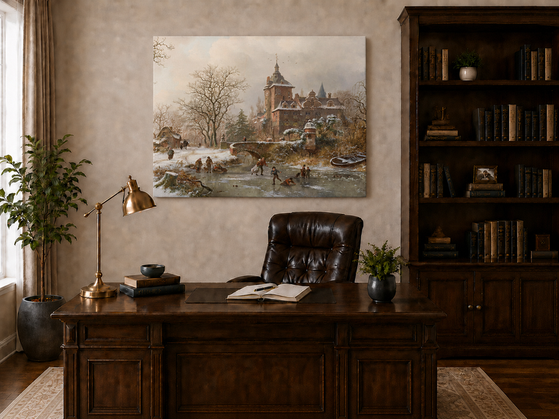 Landscape Oil Painting - Winter Castle and Ice Skaters Scene