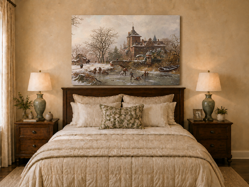 Landscape Oil Painting - Winter Castle and Ice Skaters Scene