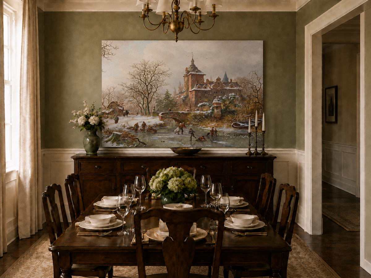 Landscape Oil Painting - Winter Castle and Ice Skaters Scene