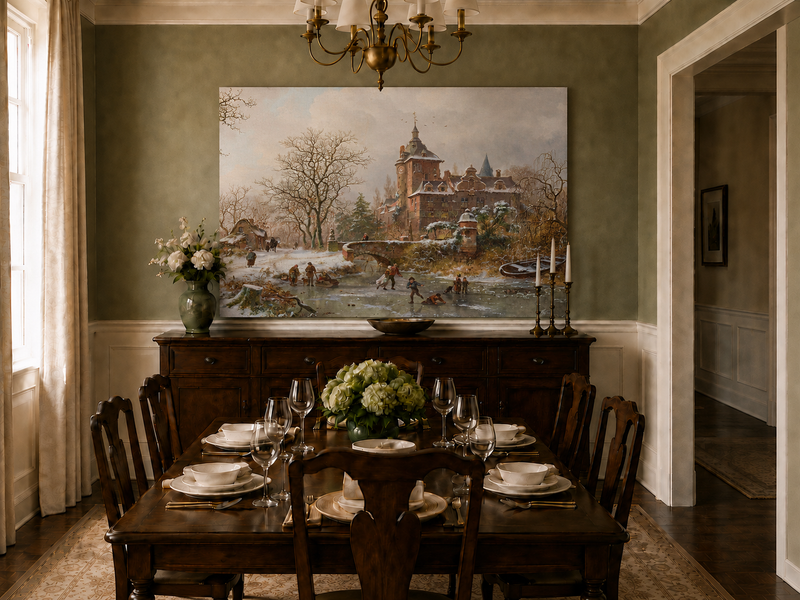 Landscape Oil Painting - Winter Castle and Ice Skaters Scene