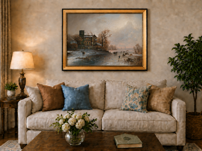Landscape Oil Painting - Winter Riverside Village with Figures