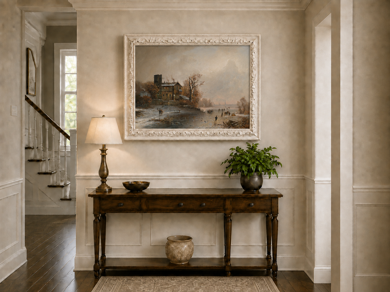 Landscape Oil Painting - Winter Riverside Village with Figures