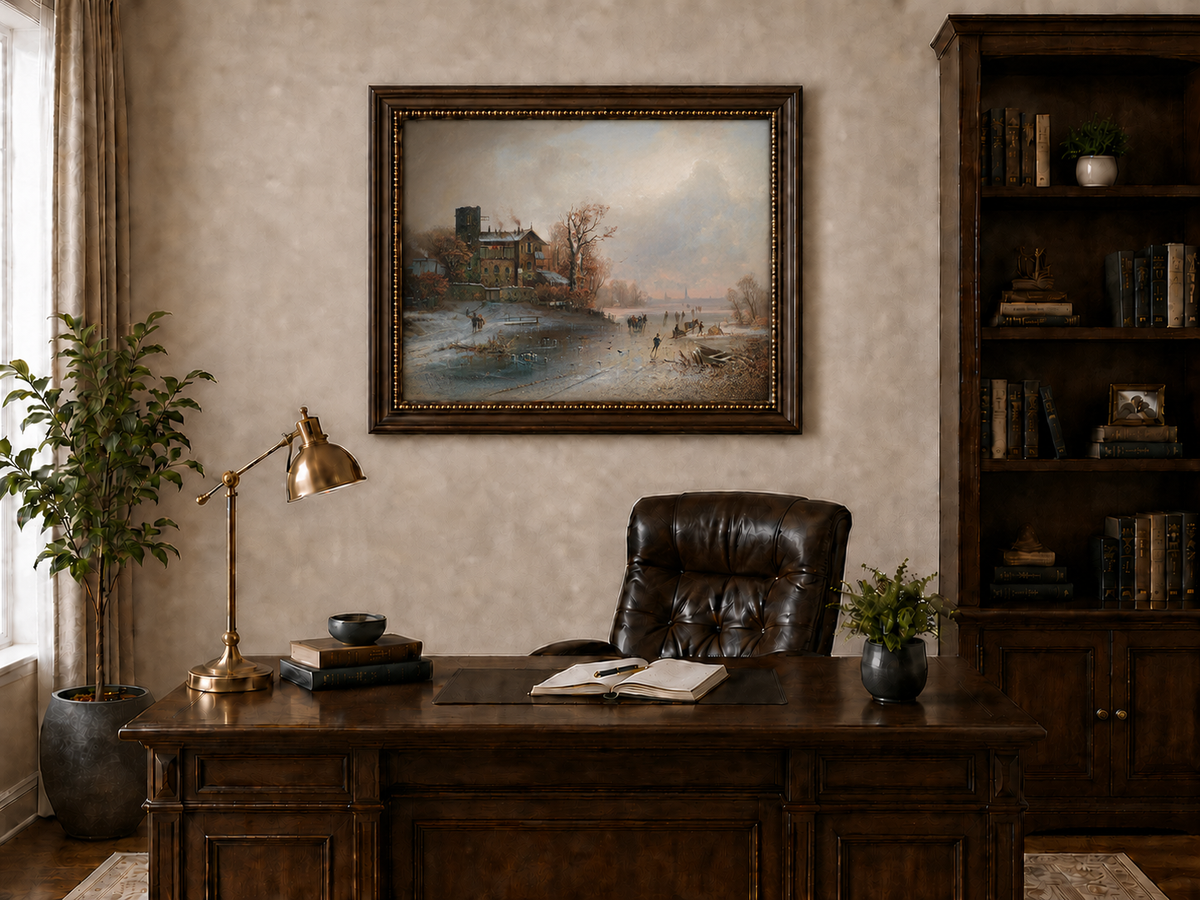 Landscape Oil Painting - Winter Riverside Village with Figures