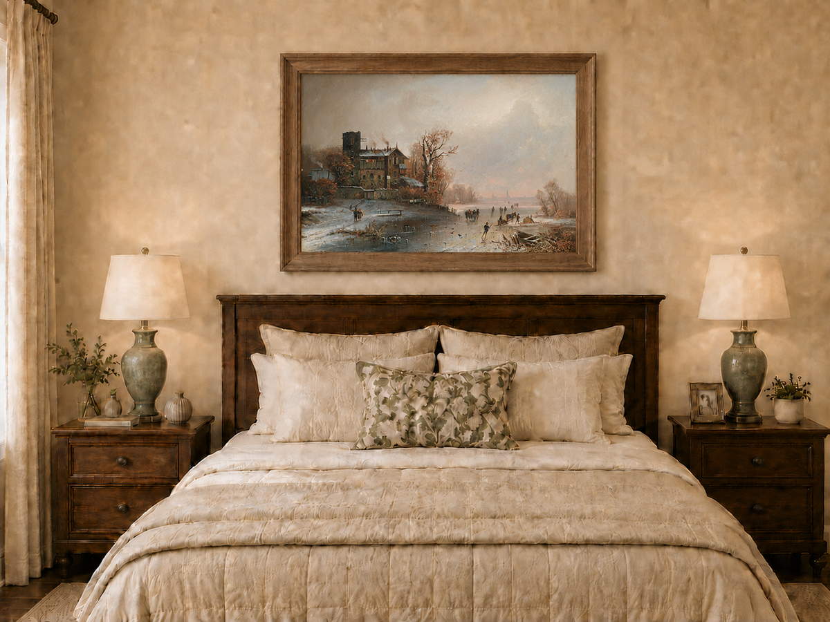 Landscape Oil Painting - Winter Riverside Village with Figures