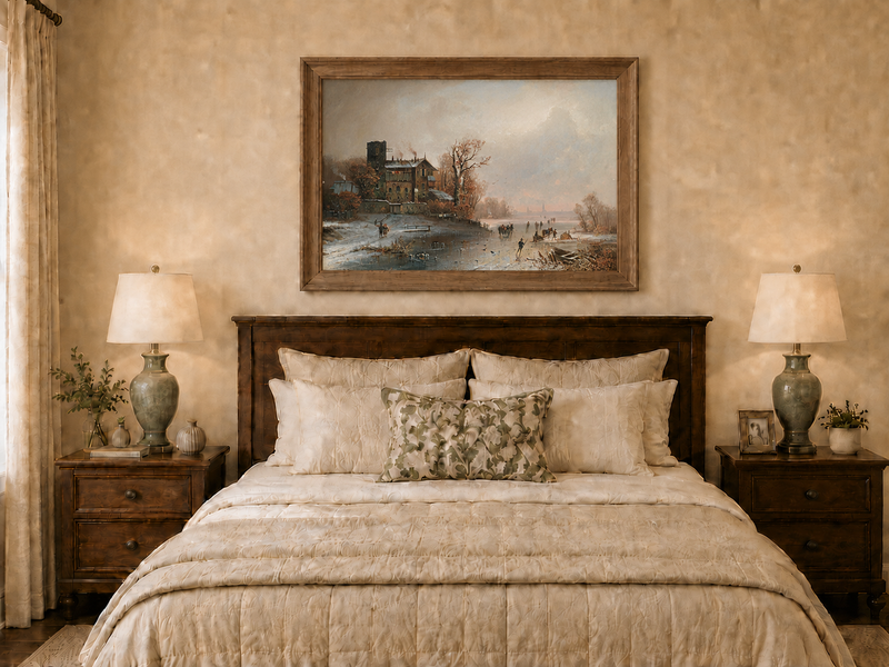 Landscape Oil Painting - Winter Riverside Village with Figures