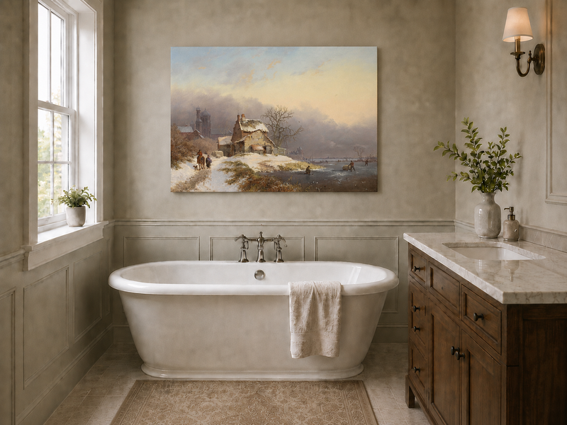 Landscape Oil Painting - Winter Riverside Village with Figures