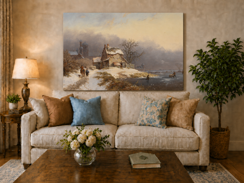 Landscape Oil Painting - Winter Riverside Village with Figures