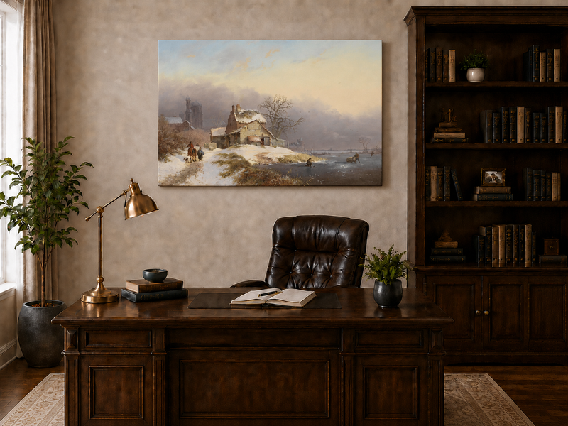 Landscape Oil Painting - Winter Riverside Village with Figures