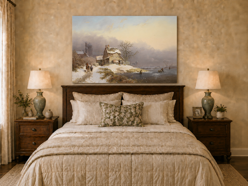 Landscape Oil Painting - Winter Riverside Village with Figures