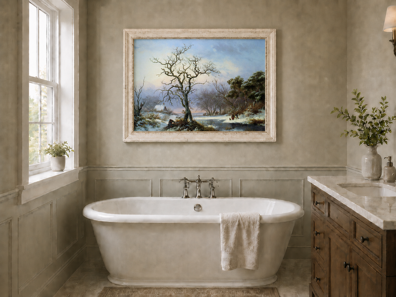 Landscape Oil Painting - Winter River Landscape with Bare Tree