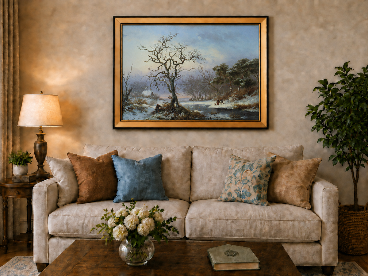 Landscape Oil Painting - Winter River Landscape with Bare Tree