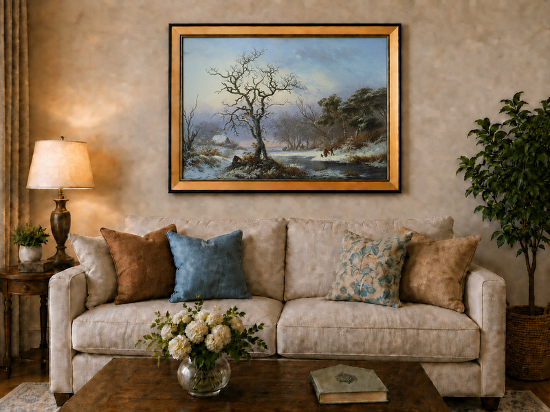 Landscape Oil Painting - Winter River Landscape with Bare Tree