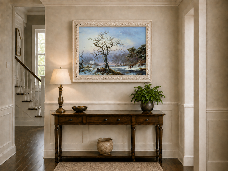Landscape Oil Painting - Winter River Landscape with Bare Tree