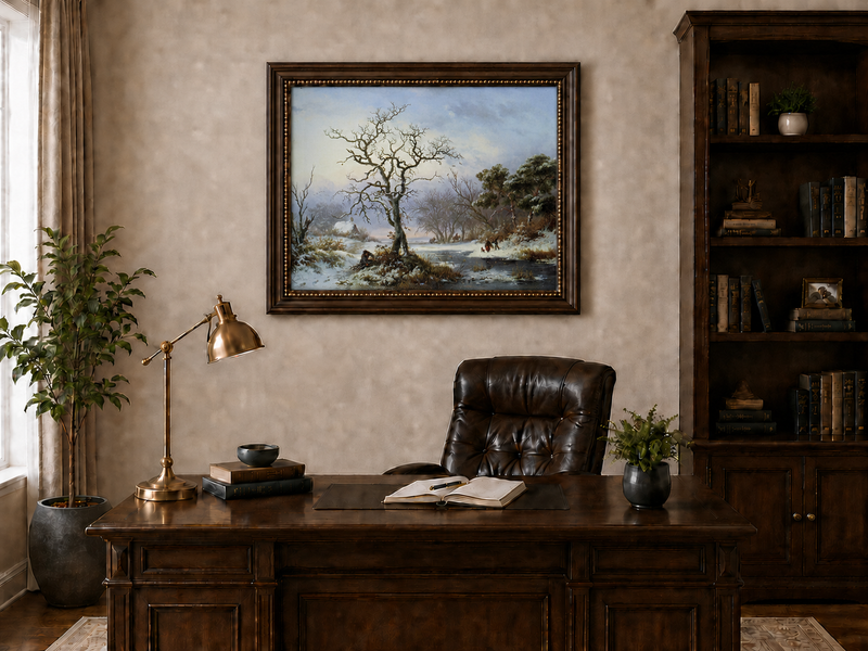 Landscape Oil Painting - Winter River Landscape with Bare Tree
