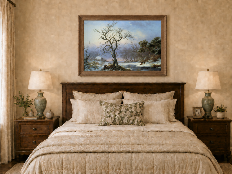 Landscape Oil Painting - Winter River Landscape with Bare Tree