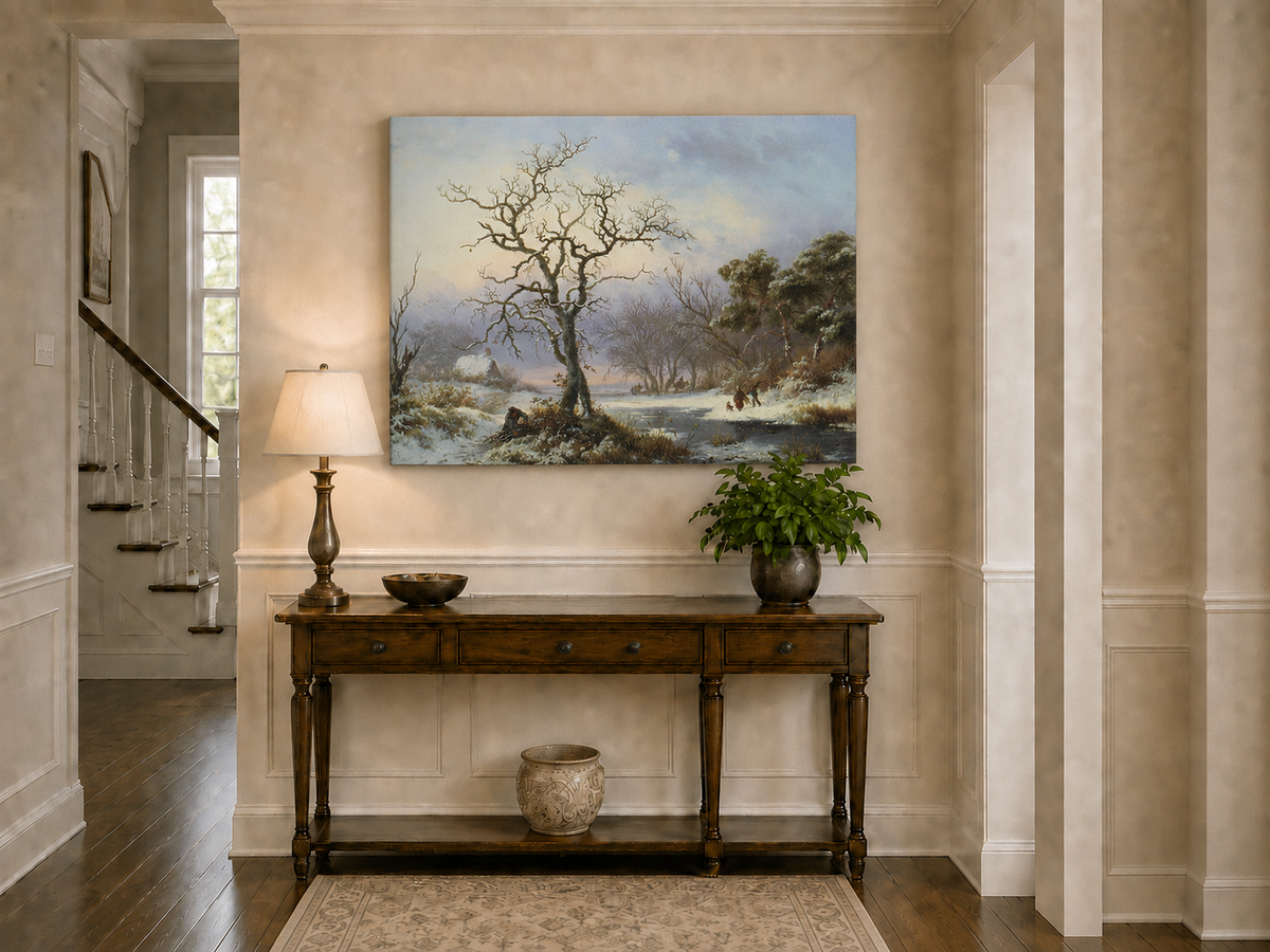 Landscape Oil Painting - Winter River Landscape with Bare Tree