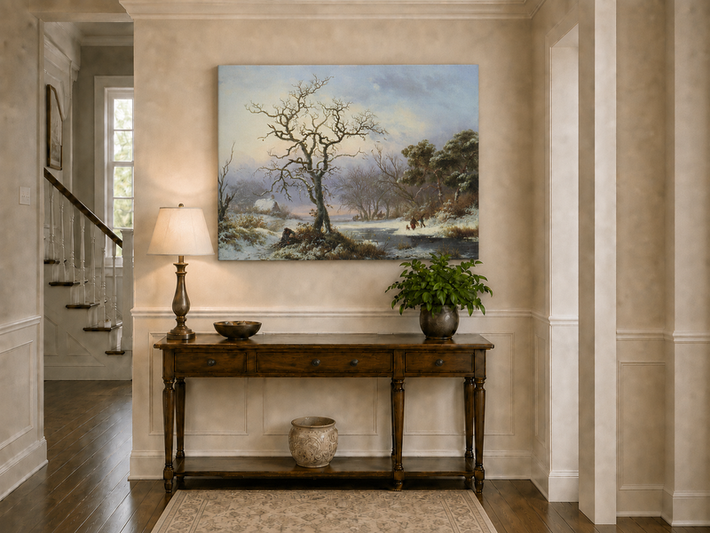 Landscape Oil Painting - Winter River Landscape with Bare Tree