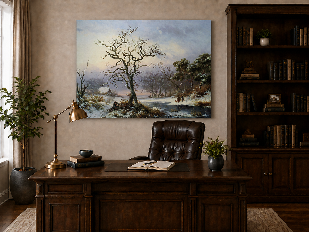Landscape Oil Painting - Winter River Landscape with Bare Tree