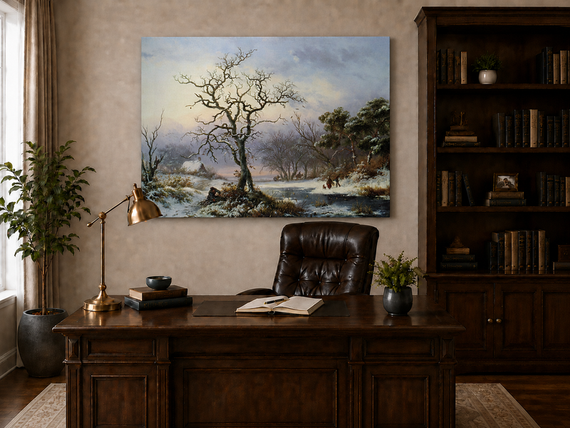 Landscape Oil Painting - Winter River Landscape with Bare Tree