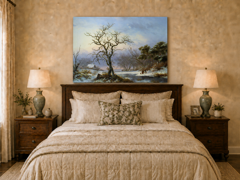 Landscape Oil Painting - Winter River Landscape with Bare Tree