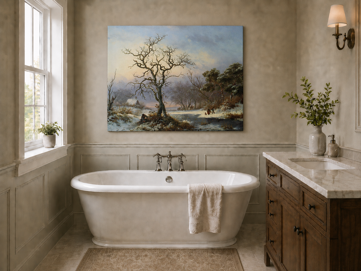 Landscape Oil Painting - Winter River Landscape with Bare Tree