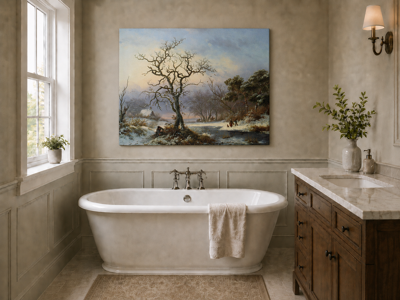 Landscape Oil Painting - Winter River Landscape with Bare Tree