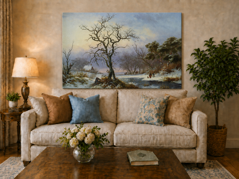 Landscape Oil Painting - Winter River Landscape with Bare Tree