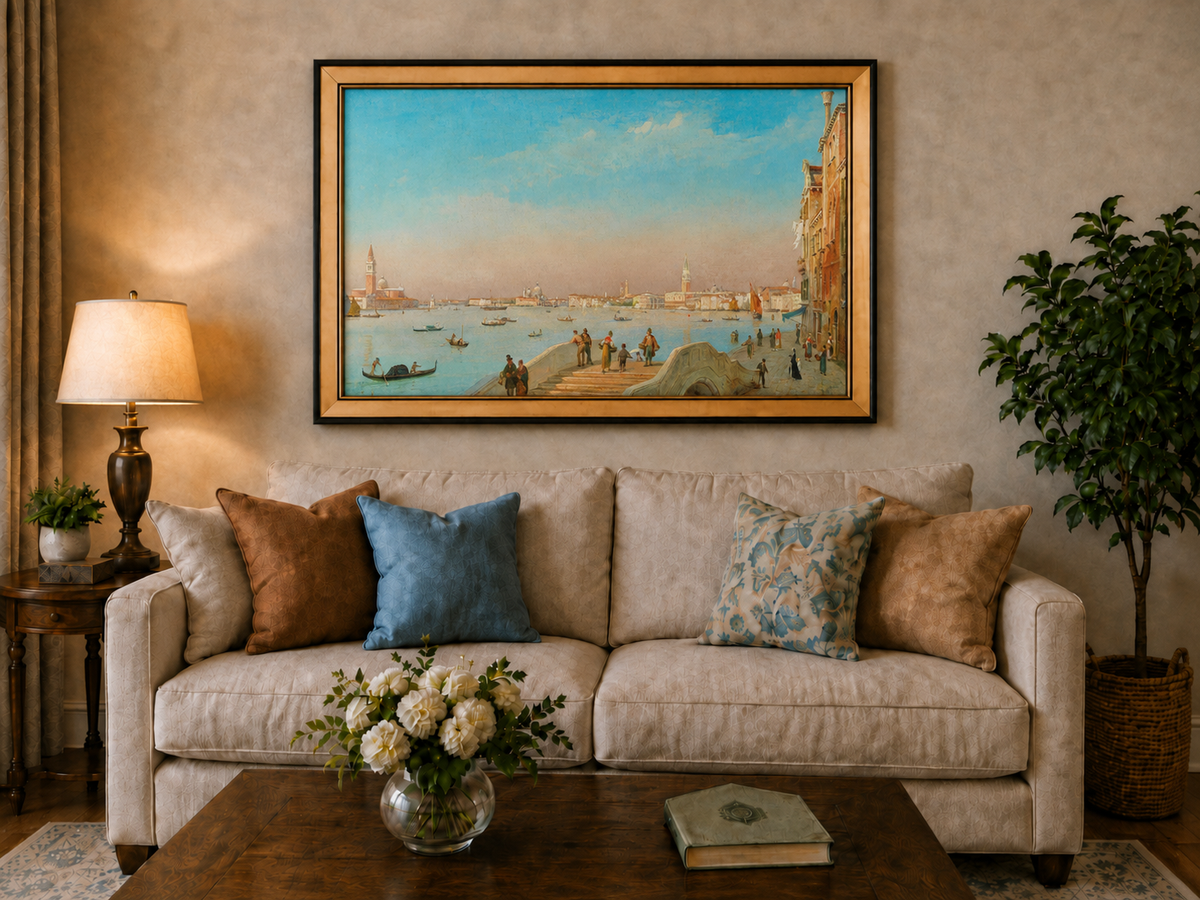 Peinture à l'huile de paysage - Gouffre rocheux spectaculaire avec personnages