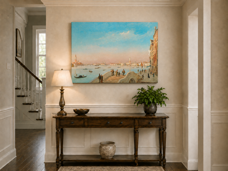 Peinture à l'huile de paysage - Gouffre rocheux spectaculaire avec personnages