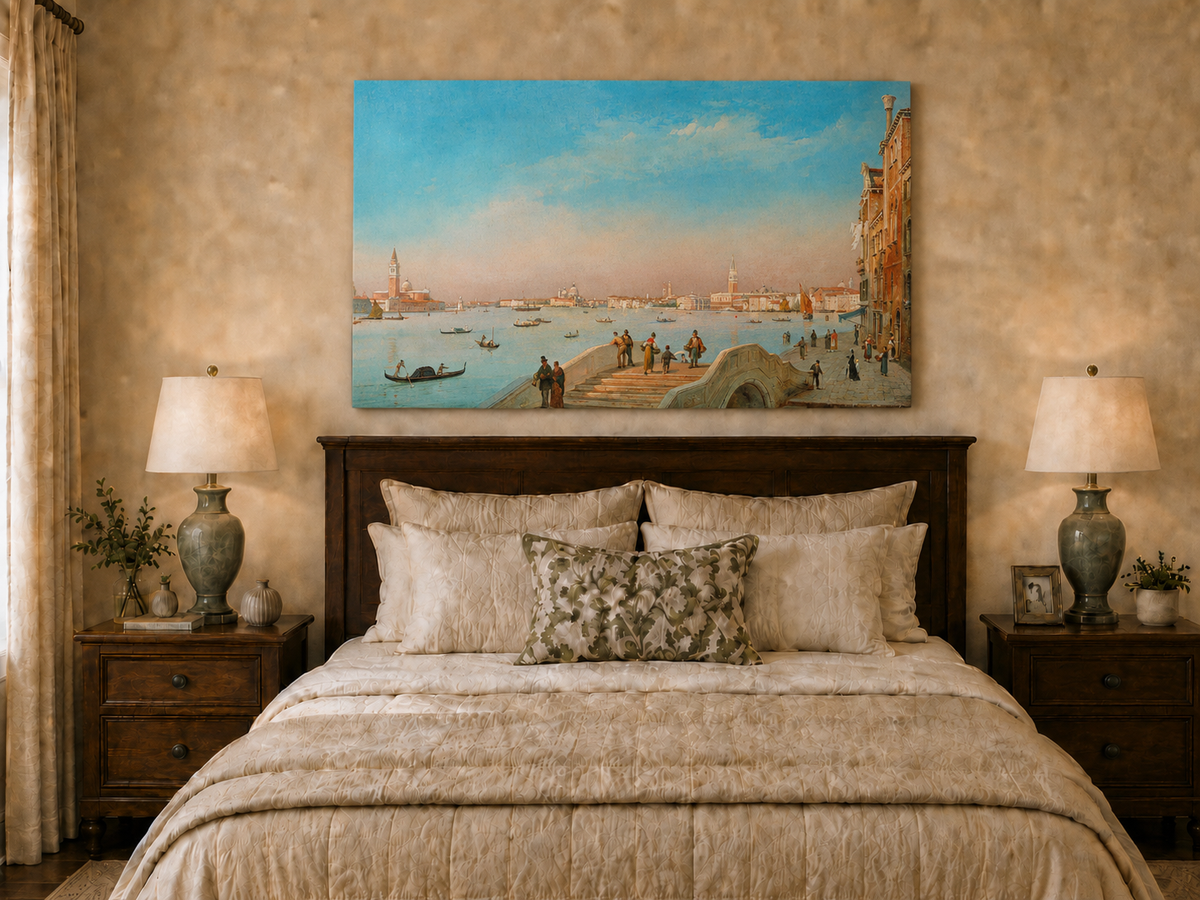 Peinture à l'huile de paysage - Gouffre rocheux spectaculaire avec personnages