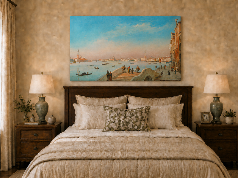 Peinture à l'huile de paysage - Gouffre rocheux spectaculaire avec personnages