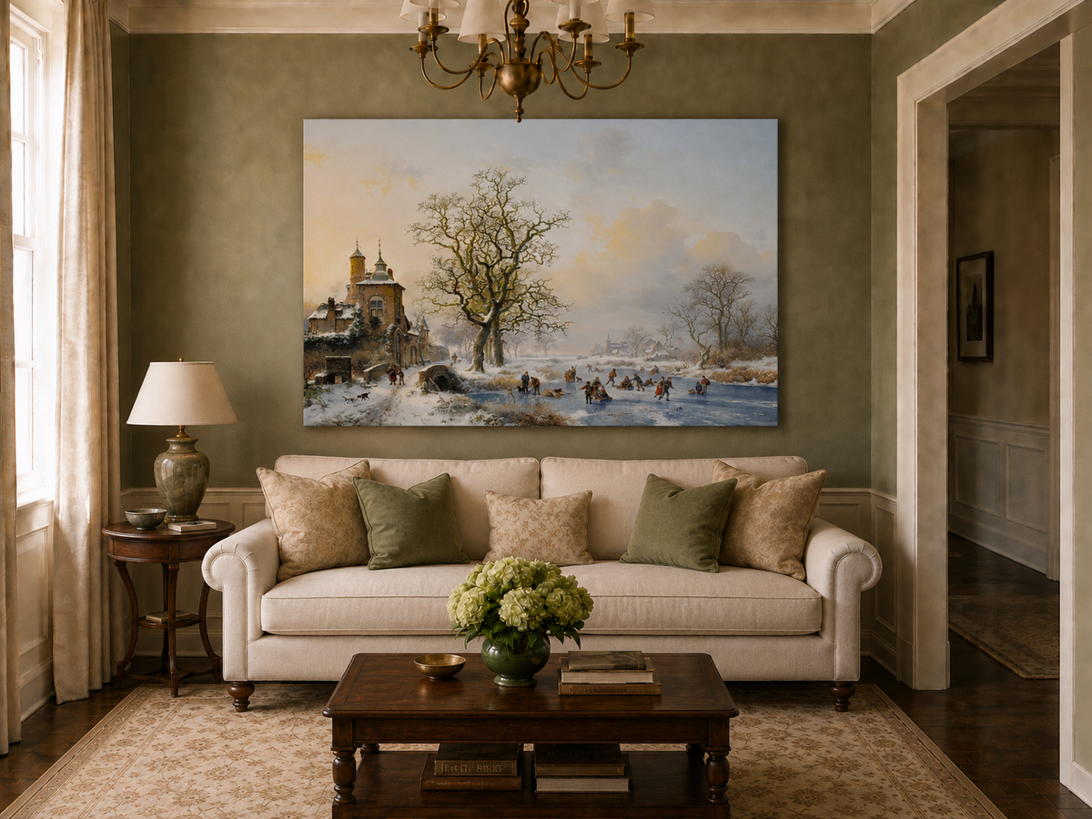 Ölgemälde Landschaft – Winterliches Dorf am Eisfluss