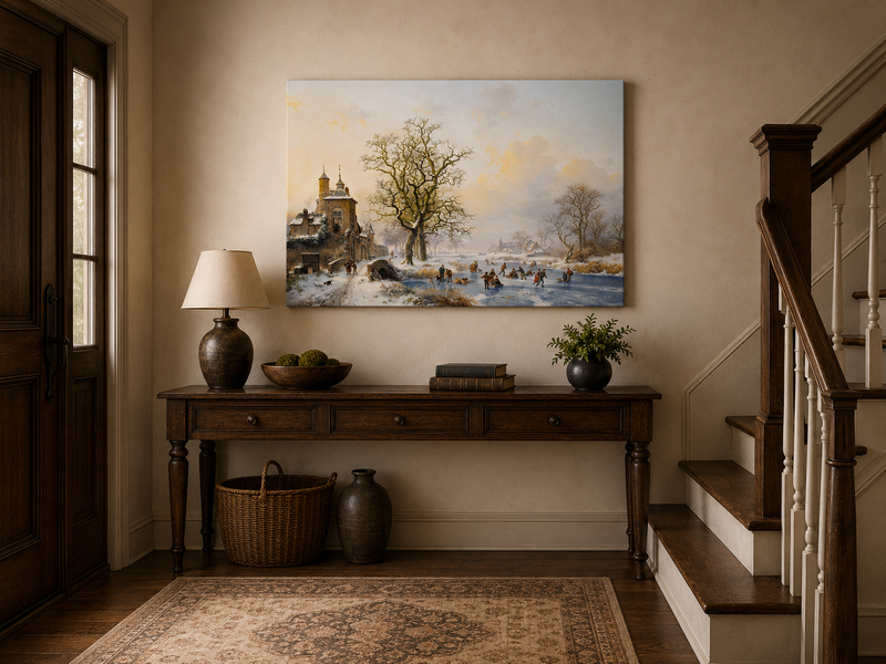 Ölgemälde Landschaft – Winterliches Dorf am Eisfluss