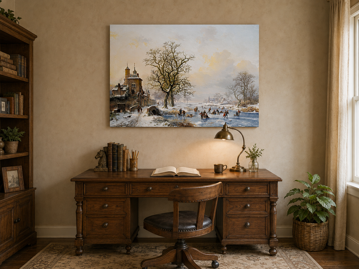 Ölgemälde Landschaft – Winterliches Dorf am Eisfluss