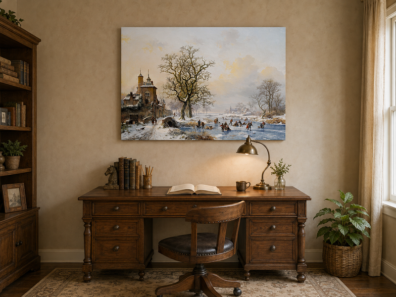 Ölgemälde Landschaft – Winterliches Dorf am Eisfluss
