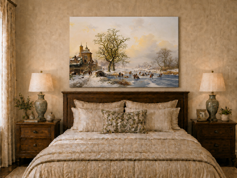 Ölgemälde Landschaft – Winterliches Dorf am Eisfluss