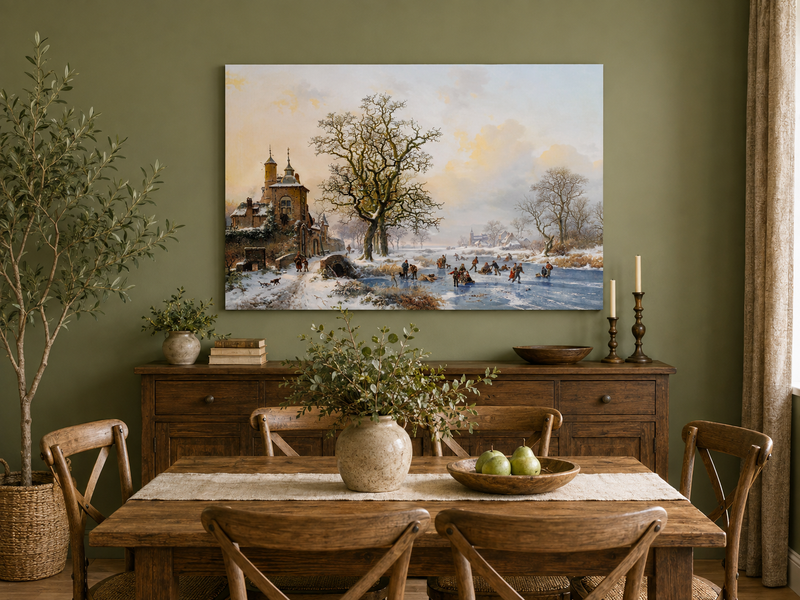 Ölgemälde Landschaft – Winterliches Dorf am Eisfluss