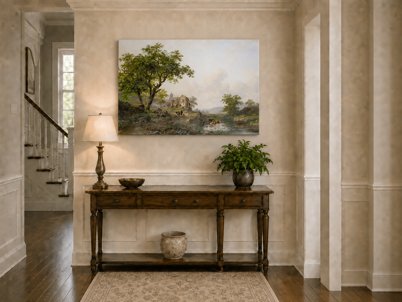 Landscape Oil Painting - Rural Stream, Livestock & Towered