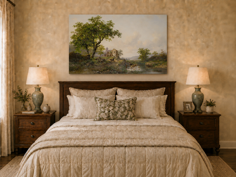 Landscape Oil Painting - Rural Stream, Livestock & Towered